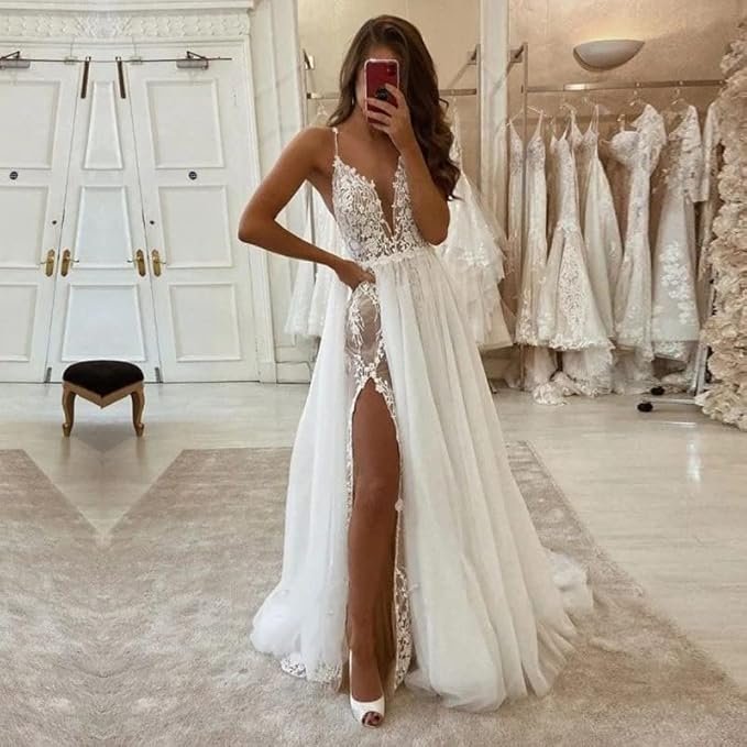 Dessiny Boho Wedding Dresses for Bride with Slit Lace