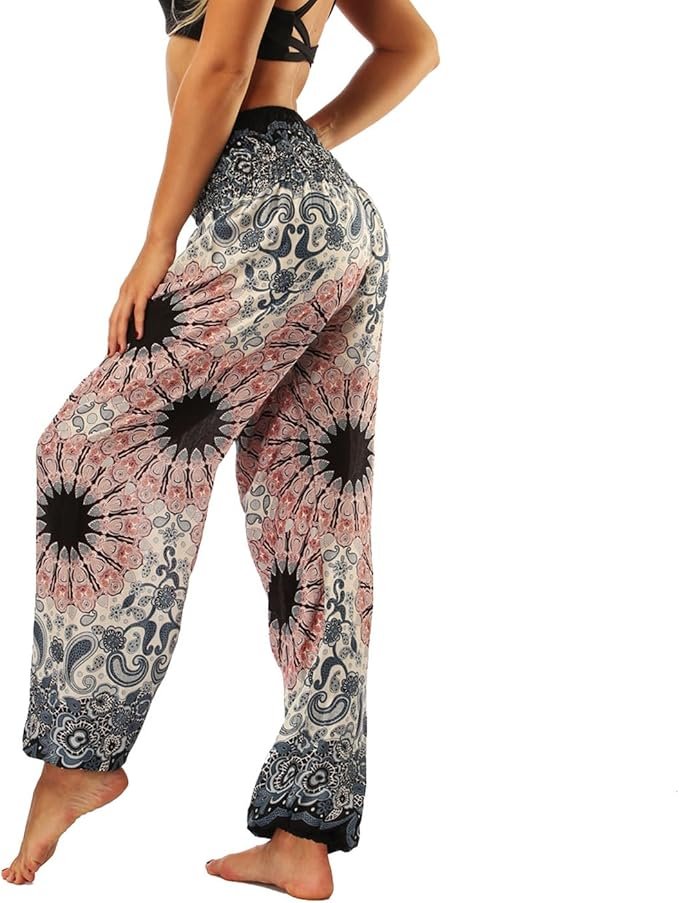 Lu’s Chic Women’s Boho Pants Harem Smocked Waist for Yoga