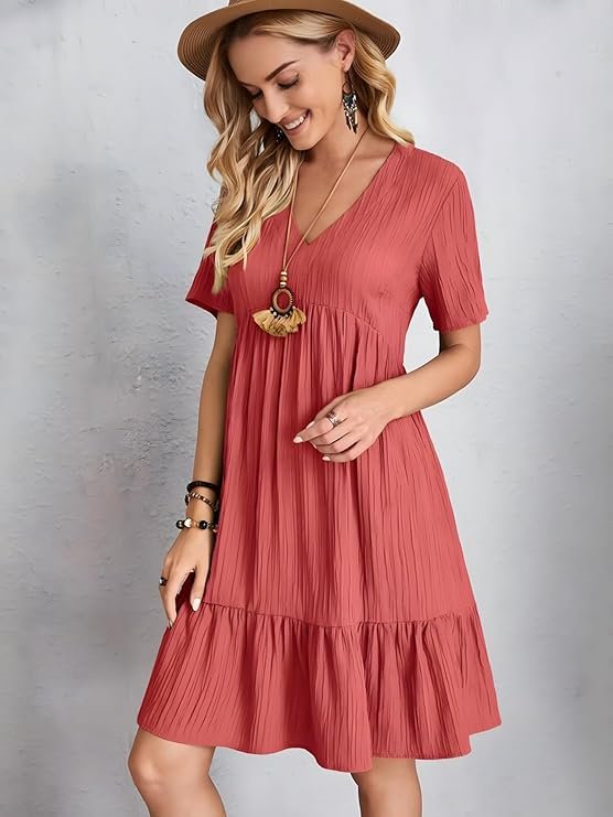 UBGBHO Elegant Summer Boho Short Sleeve V Neck Party Dress