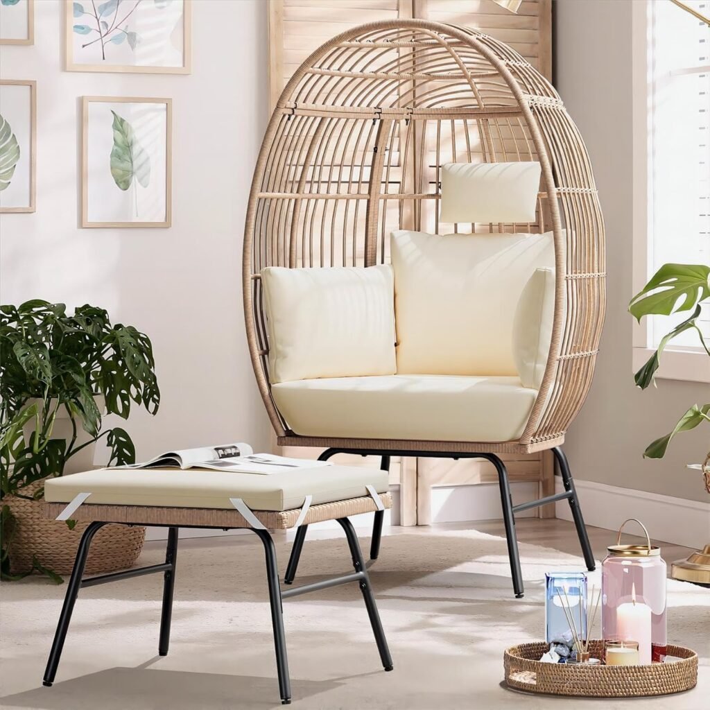 Beige Egg Chair for Reading | Wicker Basket