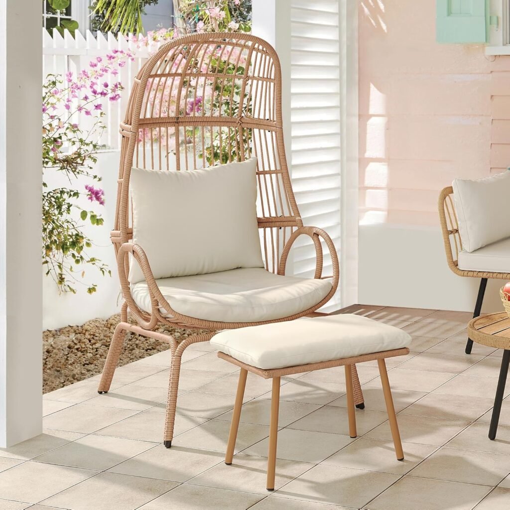 Outdoor Egg Chair with Ottoman, Wicker Patio Chair with Footrest