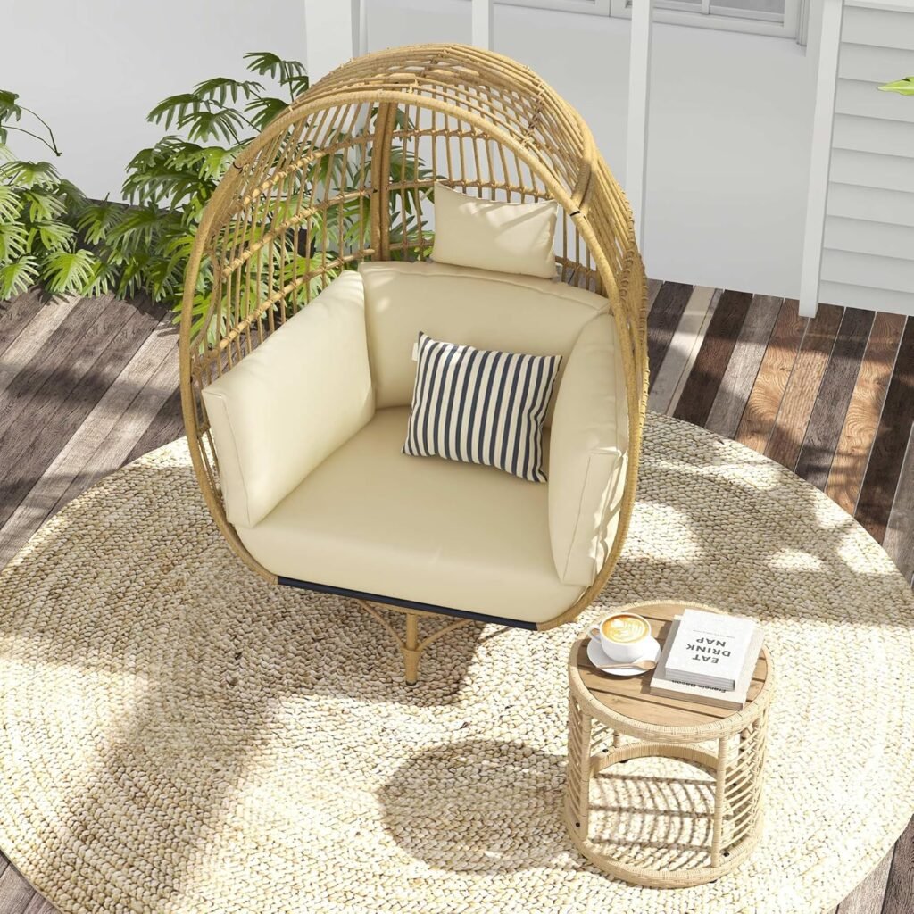 Beige Egg Chair for Relaxing All-Weather Wicker 360° Swivel